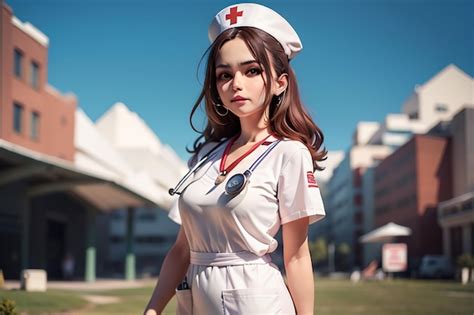 Una Enfermera Con Uniforme Blanco Se Para Frente A Un Edificio Foto