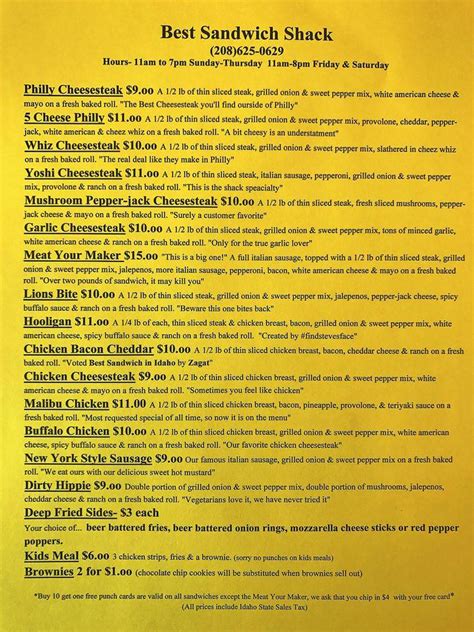 Menu at Best Sandwich Shack restaurant, Coeur d'Alene, 518 E Best Ave