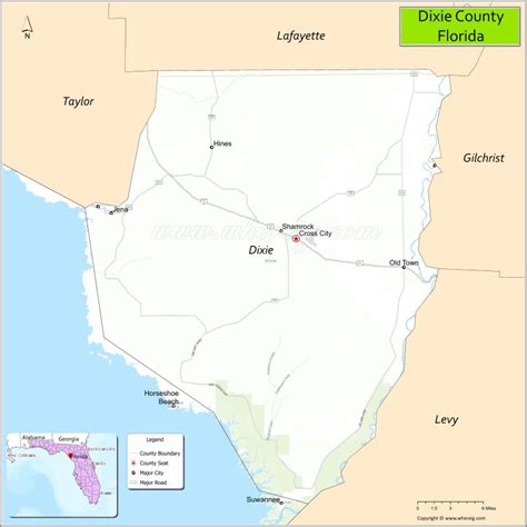 Map of Dixie County, Florida showing cities, highways & important ...