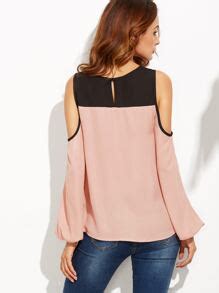 Blusa Manga Larga Con Hombros Al Aire Color Combinado Spanish SheIn