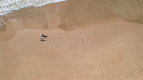 Aerial Top View Of Surfers Couple Walking On Sandy Beach With