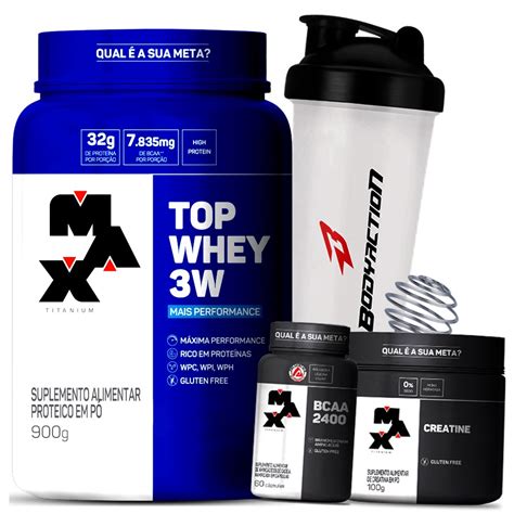 Kit Top Whey W Isolado Bcaa Creatina Coqueteleira Max Titanium