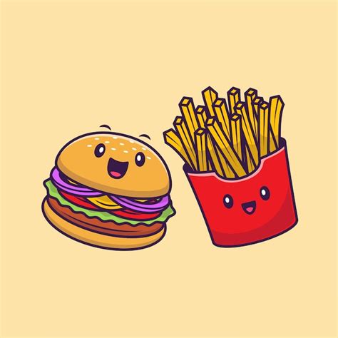 Premium Vector Cute Burger And French Fries Cartoon Icon Illustration Fast Food Character