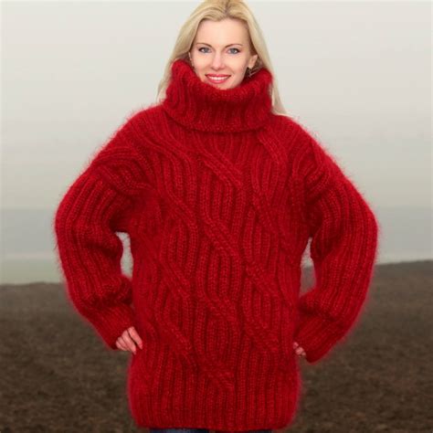 Unique Red Sweater Hand Knitted With Fuzzy Mohair Wool By Supertanya