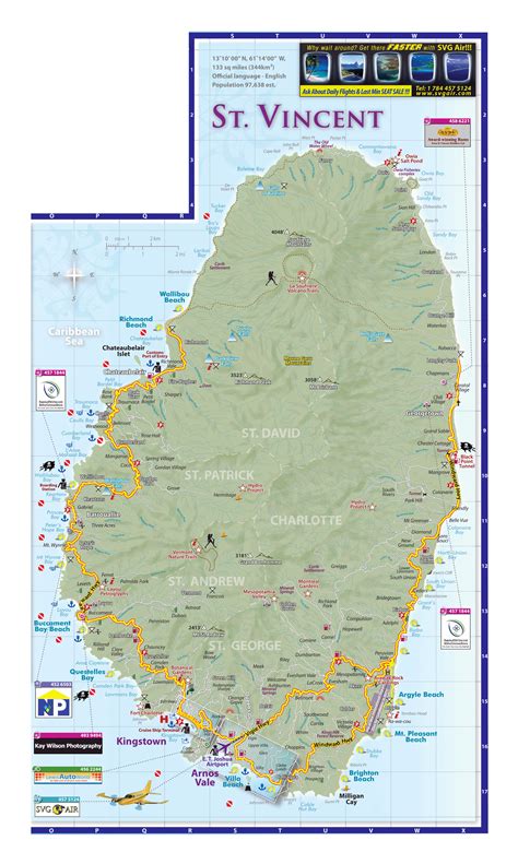 Large tourist map of Saint Vincent Island with roads, cities and other ...