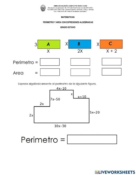 Perimetros Y Areas Con Expresiones Algebraicas Worksheet Expresiones