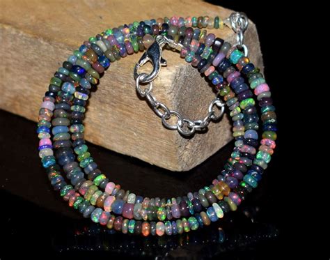 16 Natural Ethiopian Black Opal Gemstone Beads Necklace Fire Opal