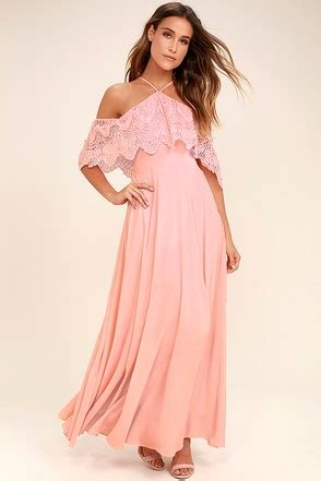 Lovely Blush Pink Dress Halter Dress Maxi Dress Lace Dress