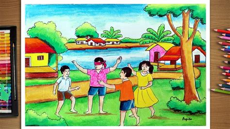 How To Draw A Childhood Memories Scenery Step By Step Childrens Day