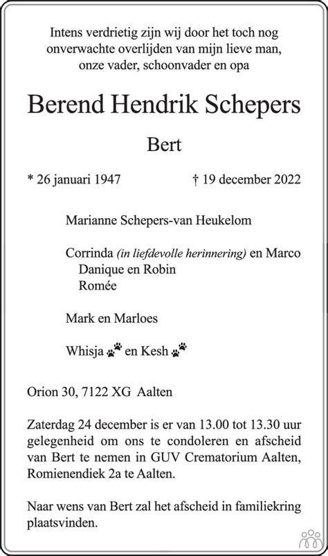 Berend Hendrik Bert Schepers Bouwens 19 12 2022 Overlijdensbericht En