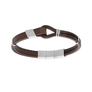 Bracelet En Acier Et Cuir Marron Avec Boucle 20cm 1cm Double Fermoir