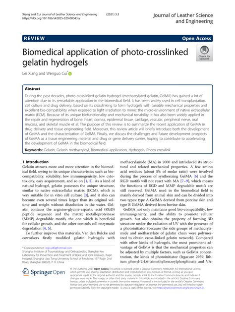 Pdf Biomedical Application Of Photo Crosslinked Gelatin Hydrogels