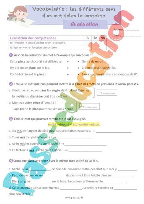 Les différents sens dun mot selon le contexte Évaluation de