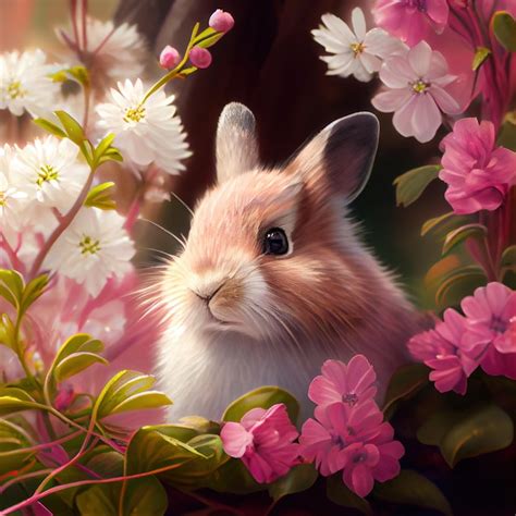 Premium Photo | Easter bunny in blossom flowers spring background generative ai