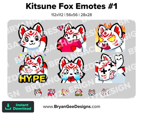 Kitsune Fox Twitch Emotes For Streaming Wave Love Rage HYPE Etsy