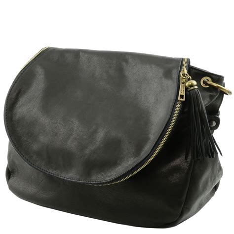 TL Bag Sac Bandoulière Besace en Cuir Souple Avec Pompon Noir TL141110