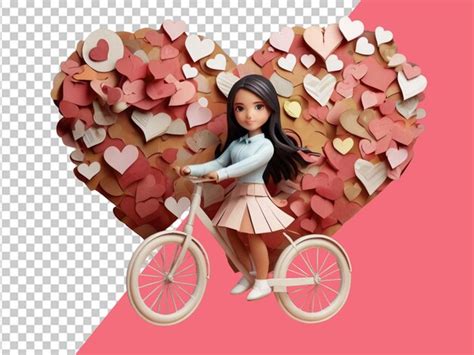 Una Chica Linda Montando Una Bicicleta Con Corazones Flotantes