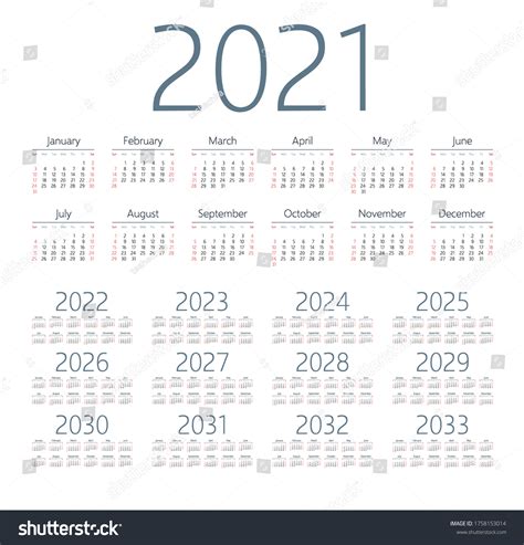 English Calendar Years 20212033 Week Starts Stock Vector Royalty Free