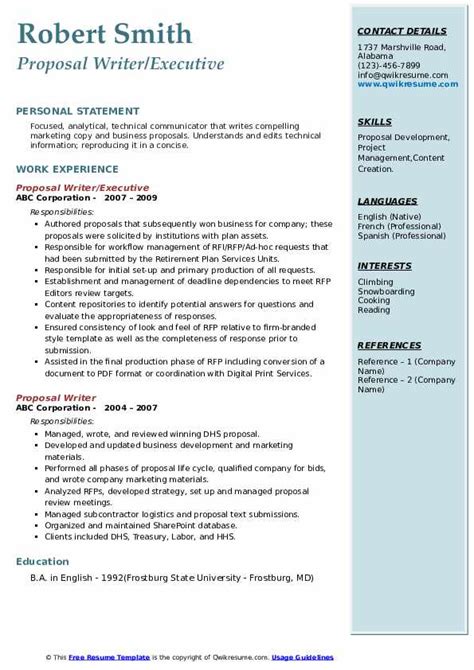 Proposal Writer Resume Samples Qwikresume