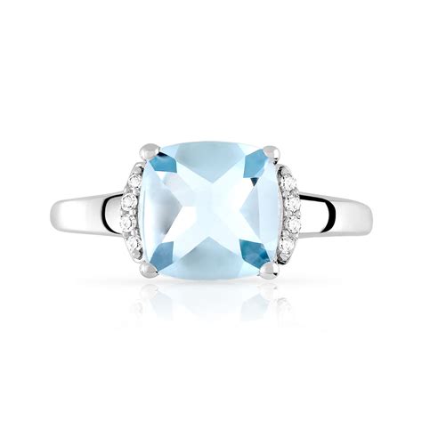 Bague Or 375 Blanc Topaze Bleue Traitee Et Diamant Femme Bague MATY