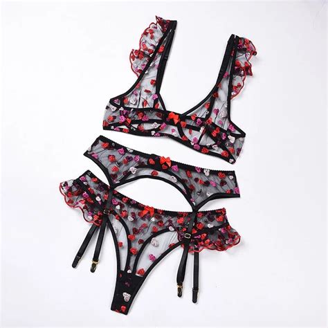 Ellolace Ruffled Sexy Lingerie Set Heart Shaped Embroidery Underwear