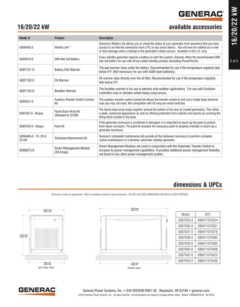 Generac Spec Sheet 16-22 kW