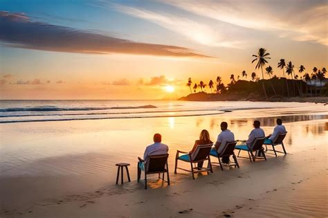 Un Grupo De Personas Se Sientan En Sillas En La Playa Viendo La Puesta