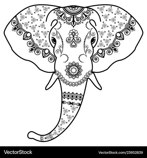 Black And White Elephants Head In Mehndi Indian Vector Image