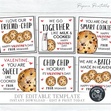 EDITABLE Cookie Valentine Cards Cookie Valentine Tags School