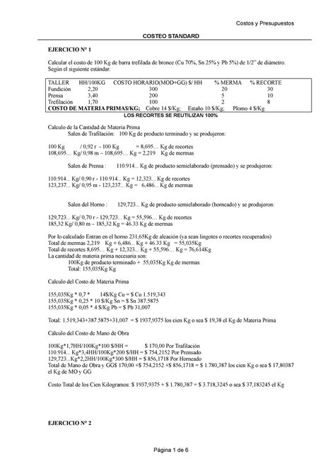 Examen De Muestra Pr Ctica Costeo Standard Ejercicio N Calcular El