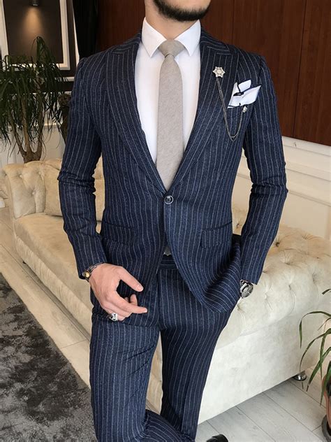 Navy Blue Slim Fit Piece Peak Lapel Pinstripe Suit Gentwith