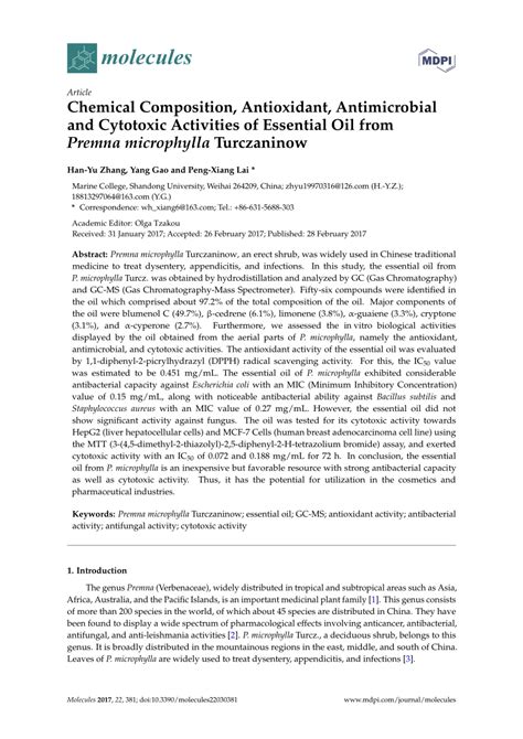 Pdf Chemical Composition Antioxidant Antimicrobial And Cytotoxic