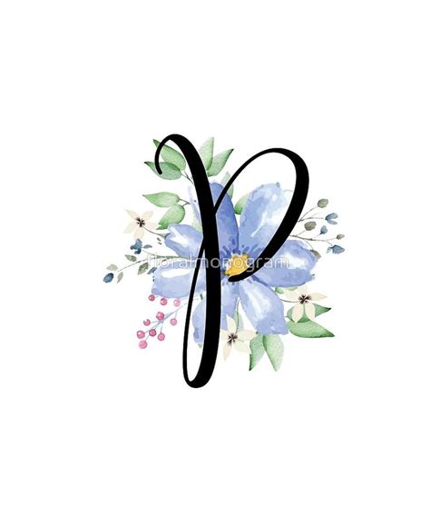 Monogram P Watercolor Blue Flower Design