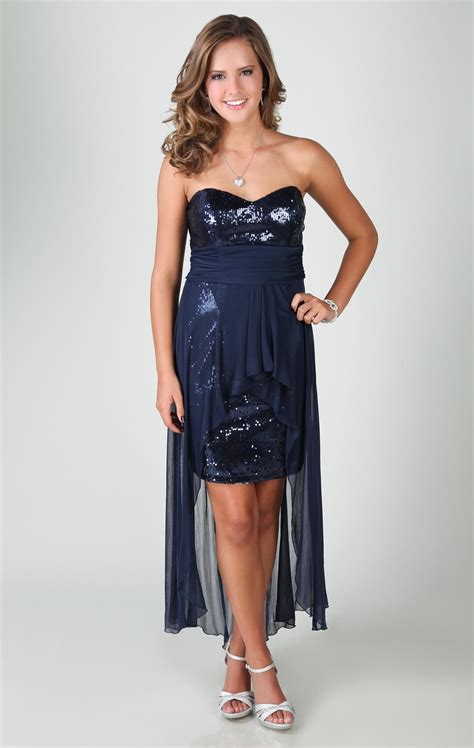 Sequin Strapless Dress With Empire Waist And Chiffon High Low Overlay