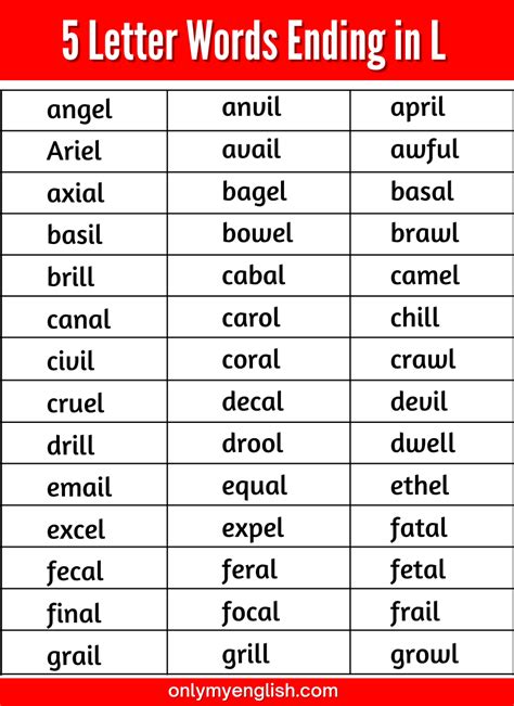 5 Letter Words Ending In L