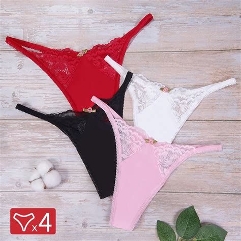 4pcs Women Sexy Thongs Floral Lace Sexy Lingerie Female Panties Low