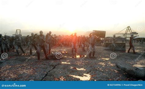 Horror Zombie Crowd Walking Apocalypse View Concept 3d Rendering