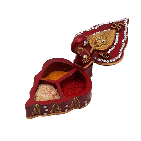 Buy Triangular Wood Roli Tika Chopra In Peacock Shape Meenakari Work