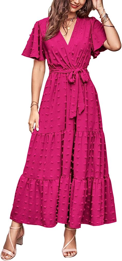 MASCOMODA Women Boho Swiss Dot Maxi Dresses Wrap V Neck Flutter Short