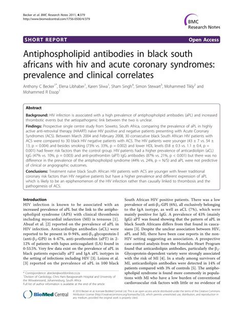 Pdf Antiphospholipid Antibodies In Black South Africans With Hiv And