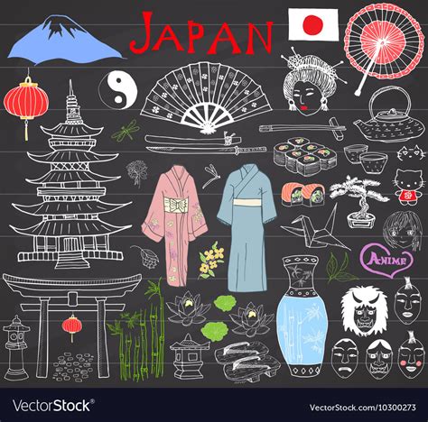 Japan Doodles Set Hand Drawn Sketch Royalty Free Vector