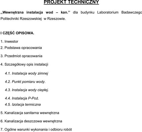 Projekt Techniczny Wewn Trzna Instalacja Wod Kan Dla Budynku