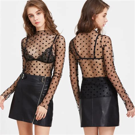 Fashion Women Sexy See Through Blouse Tops Long Sleeve Mesh Sheer