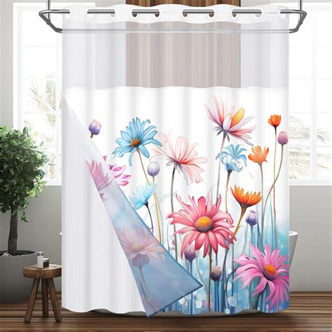 Ikfashoni Hookless Shower Curtain With Snap In Liner Colorful Floral Waterproof Sheer Window