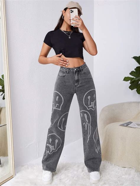 Shein Jeans Mit Hoher Taille Cartoon Grafik Breitem Beinschnitt