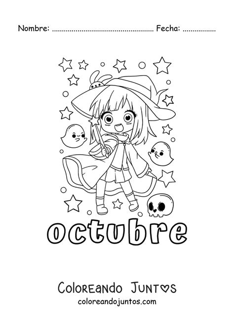 Octubre con una niña disfrazada de bruja kawaii de Halloween