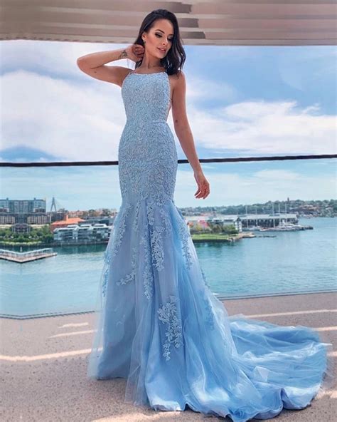 Sexy Mermaid Light Blue Lace Prom Dresses Open Back · Mychicdress