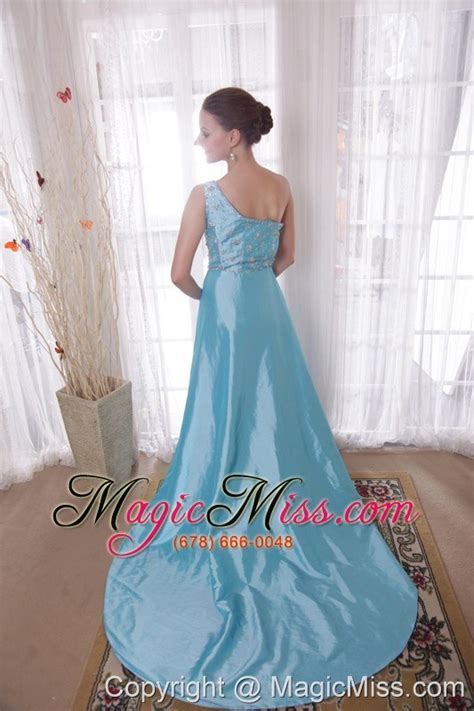 Baby Blue Column Sheath One Shoulder Watteau Train Beading Taffeta