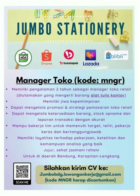 Lowongan Kerja Manager Toko Di Jumbo Stationery Lokerbandung Id