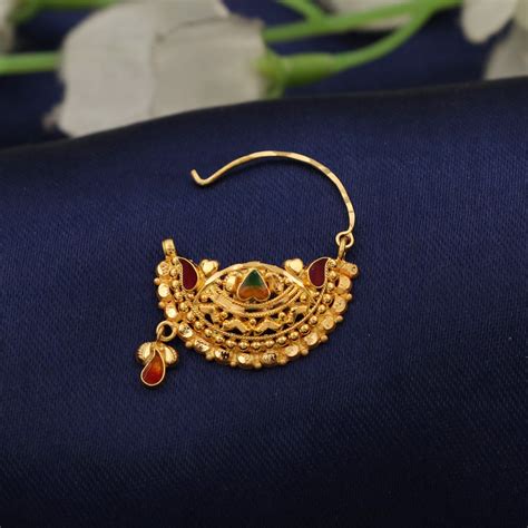 Indian Vintage Design Pure Gold Nath Nose Ring Earrings